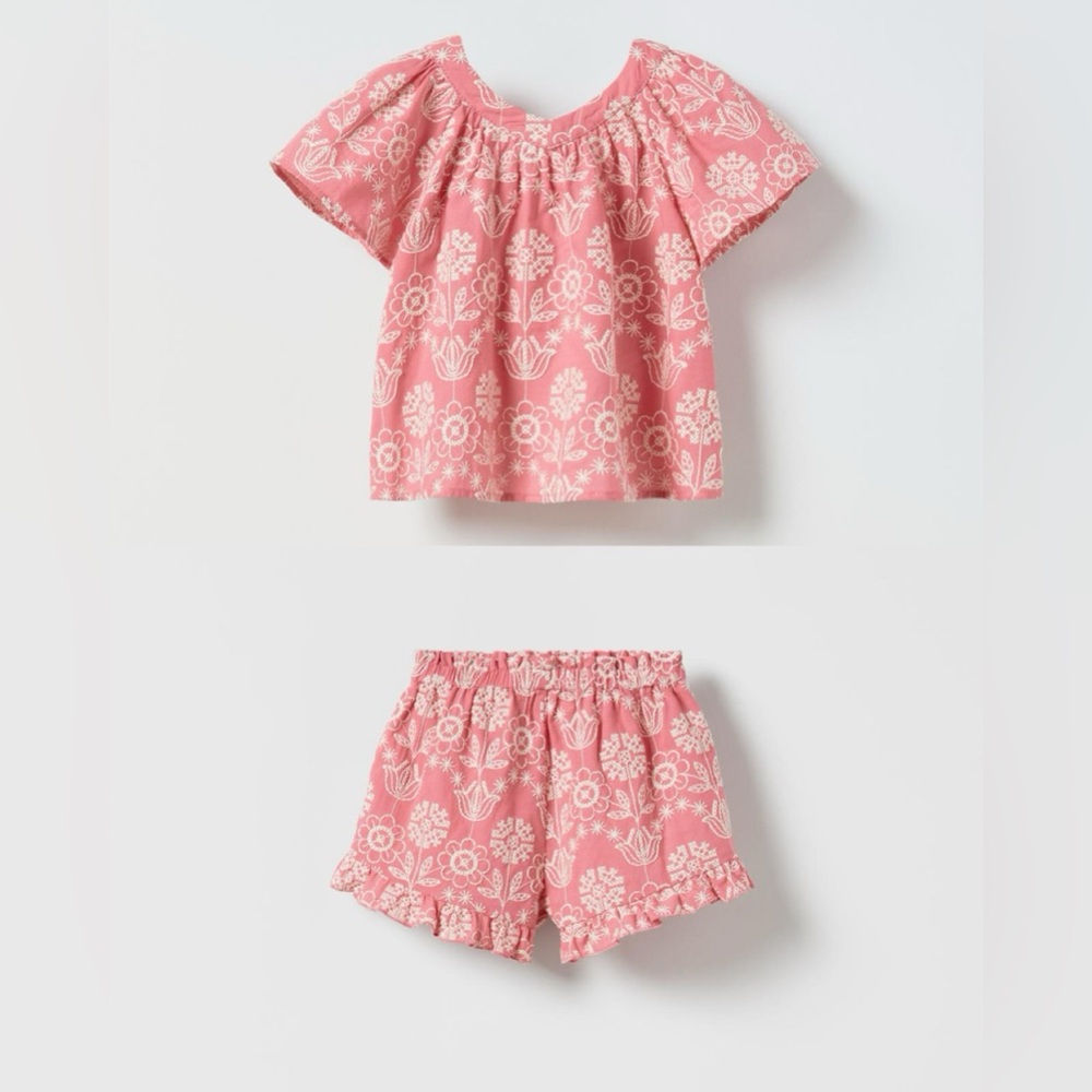 Zara kids embroidered pink and white shirt and short beach set cotton 4-5 years